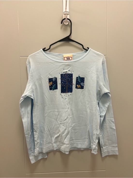 Top Stitch Tops - Top Stitch Light Blue Embroidered Long Sleeve Size L Cottagecore 100% Cotton